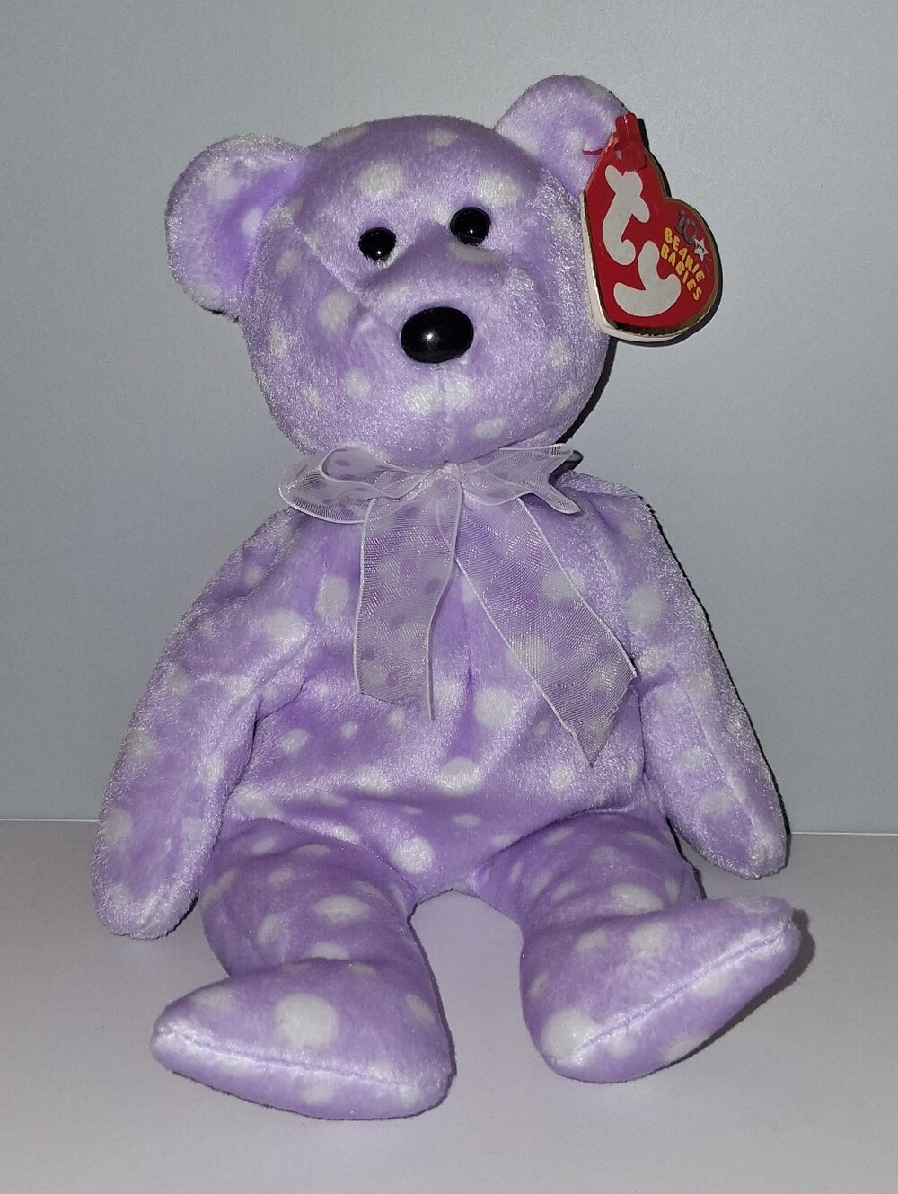 Ty 2003 Toast Lavender Polka Dot Bear Plush with Ribbon Bow